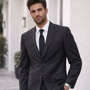 JONES NEW YORK Men's Black Pinstripe 3 Button 100% Wool Suit Size 38R Pants 32R